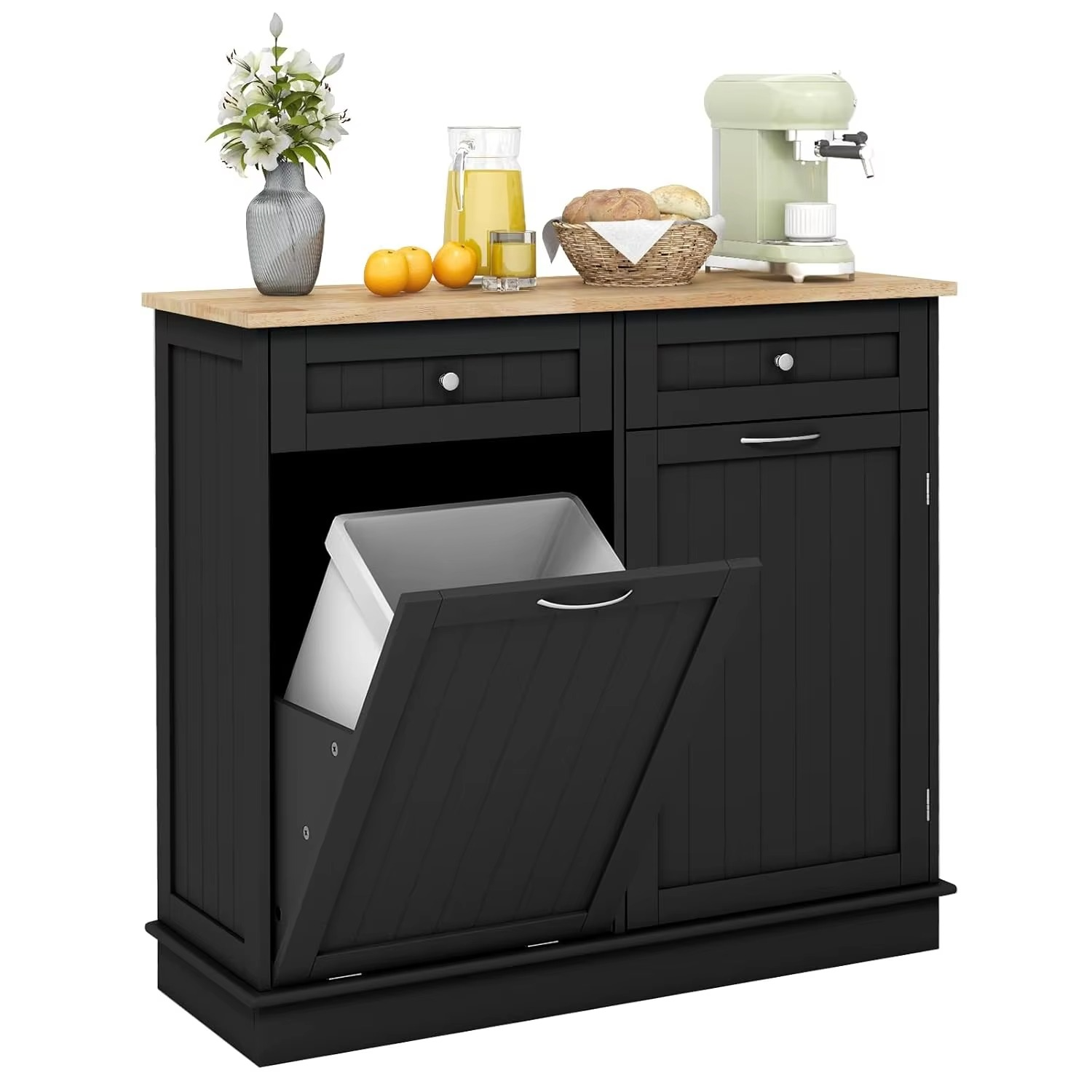 Kitchen Trash Cabinet, Kitchen Island with Tilt Out 15.5 Gallon Garbage Bin, Rubber Wood Countertop, Large Cabinet, 2 Drawers, A