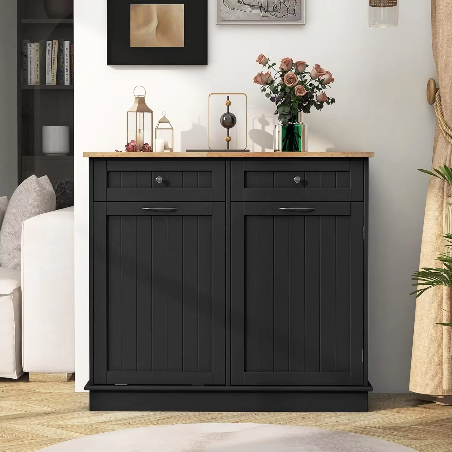 Kitchen Trash Cabinet, Kitchen Island with Tilt Out 15.5 Gallon Garbage Bin, Rubber Wood Countertop, Large Cabinet, 2 Drawers, A