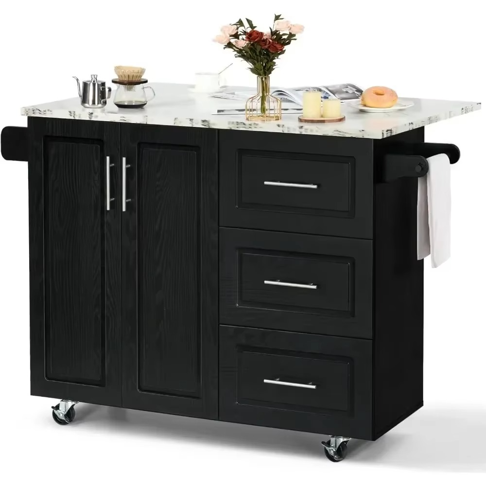 Kitchen Island Cart with Drop Leaf & 3 Drawers, 43” Kitchen Island on Wheels with Storage Cabinet, Spice Rack, Towel Rack