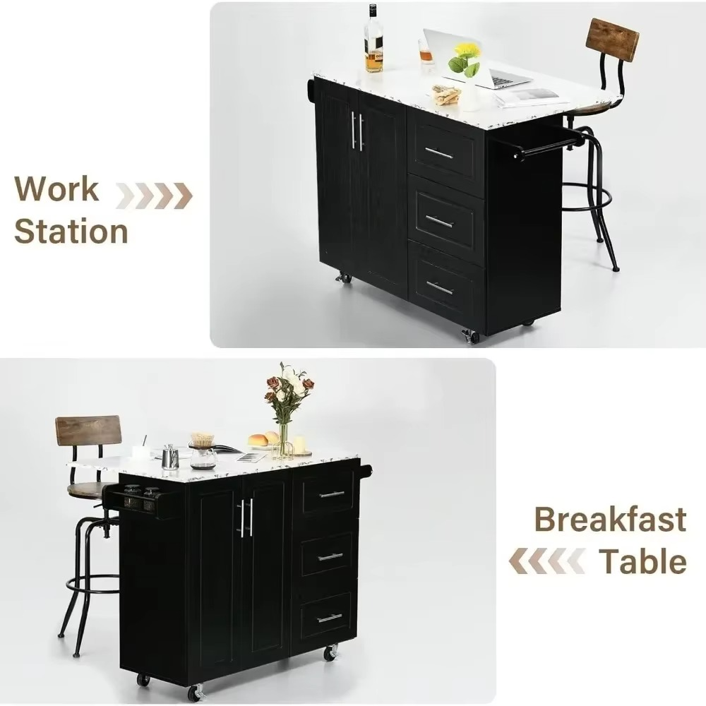 Kitchen Island Cart with Drop Leaf & 3 Drawers, 43” Kitchen Island on Wheels with Storage Cabinet, Spice Rack, Towel Rack