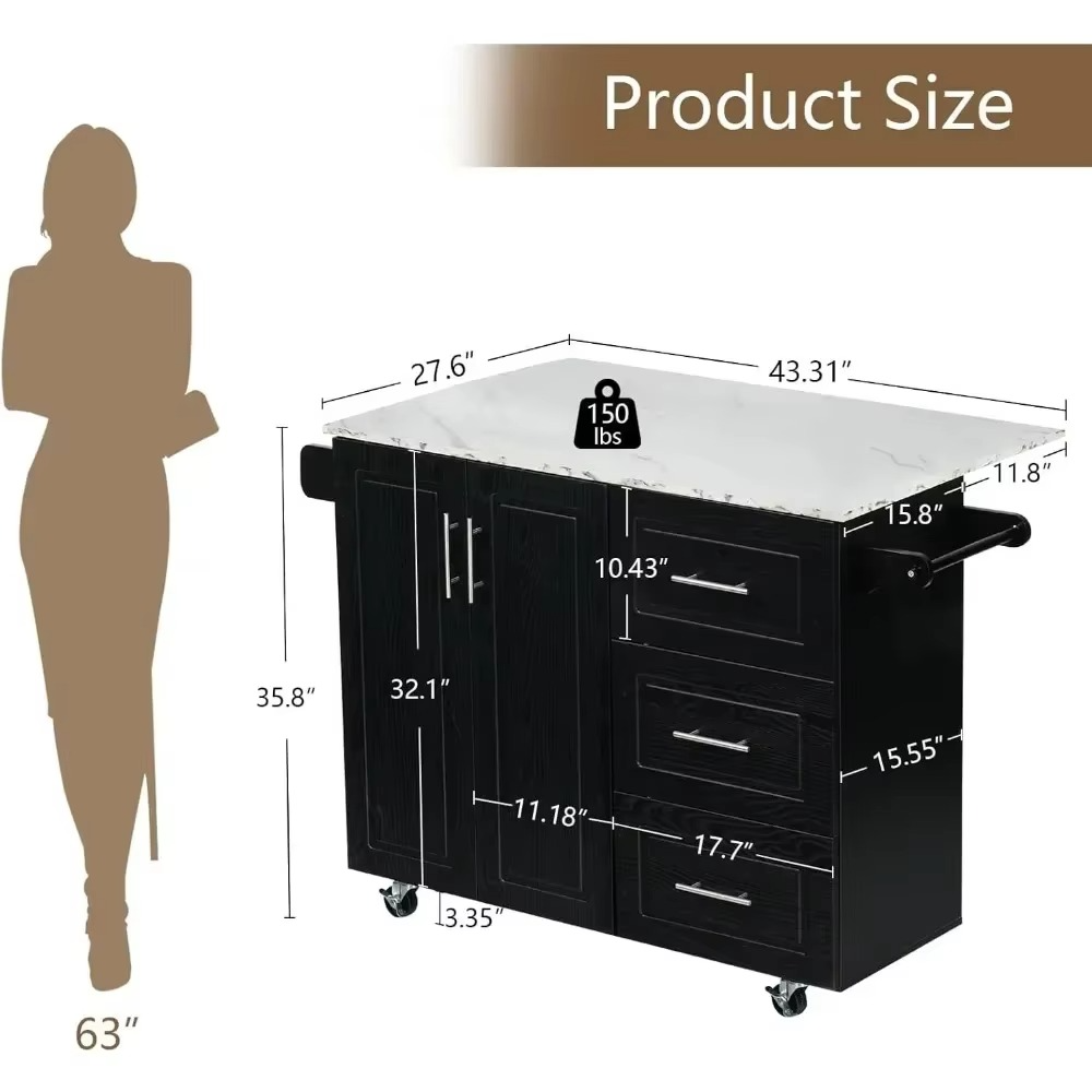 Kitchen Island Cart with Drop Leaf & 3 Drawers, 43” Kitchen Island on Wheels with Storage Cabinet, Spice Rack, Towel Rack