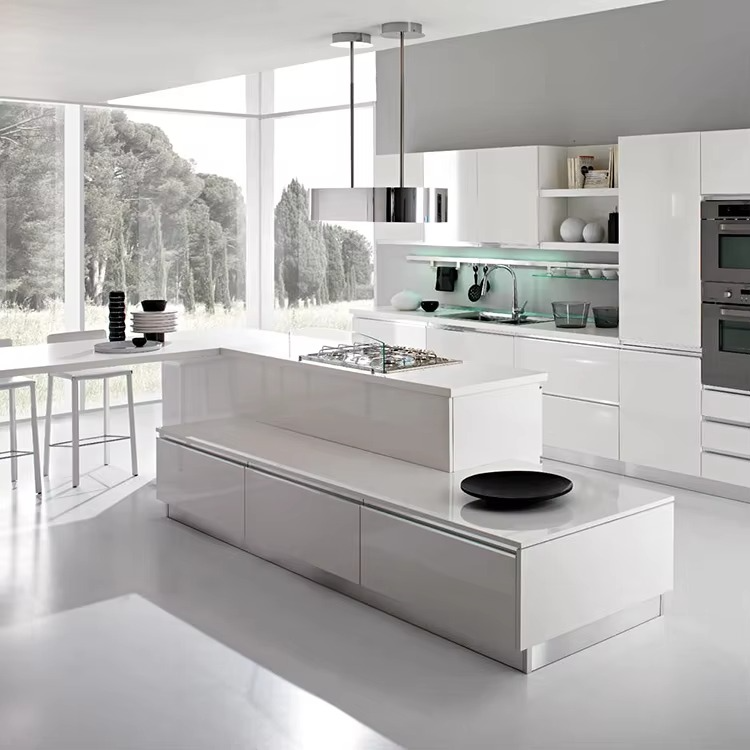Modern Wood Stainless Steel Beige Taverntine Counter And Pan Organizer Laminate Base Buffet Island Cupboard Kitchen Cabinet