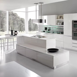 Modern Wood Stainless Steel Beige Taverntine Counter And Pan Organizer Laminate Base Buffet Island Cupboard Kitchen Cabinet