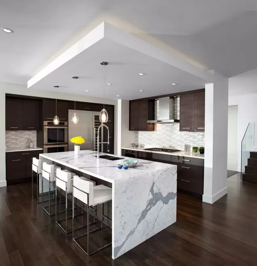 Custom Modern Solid Wood Kitchen Cabinet Furniture Kitchen Island with Marble Countertops