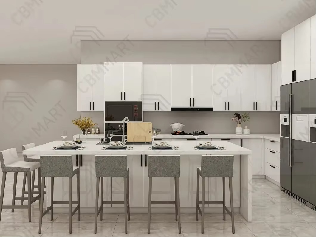 White Shaker PVC Modern High Gloss Acrylic Designs Kitchen Cabinet Set MDF Carcase Stainless Steel Sink for Home