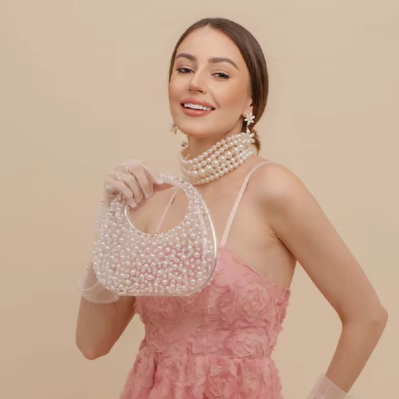 Fashion Handbags Evening Party Transparent Bags Acrylic Trends New Pearl Clutch Golden Wallet Women's Mini Bag 2025 Rhinestones