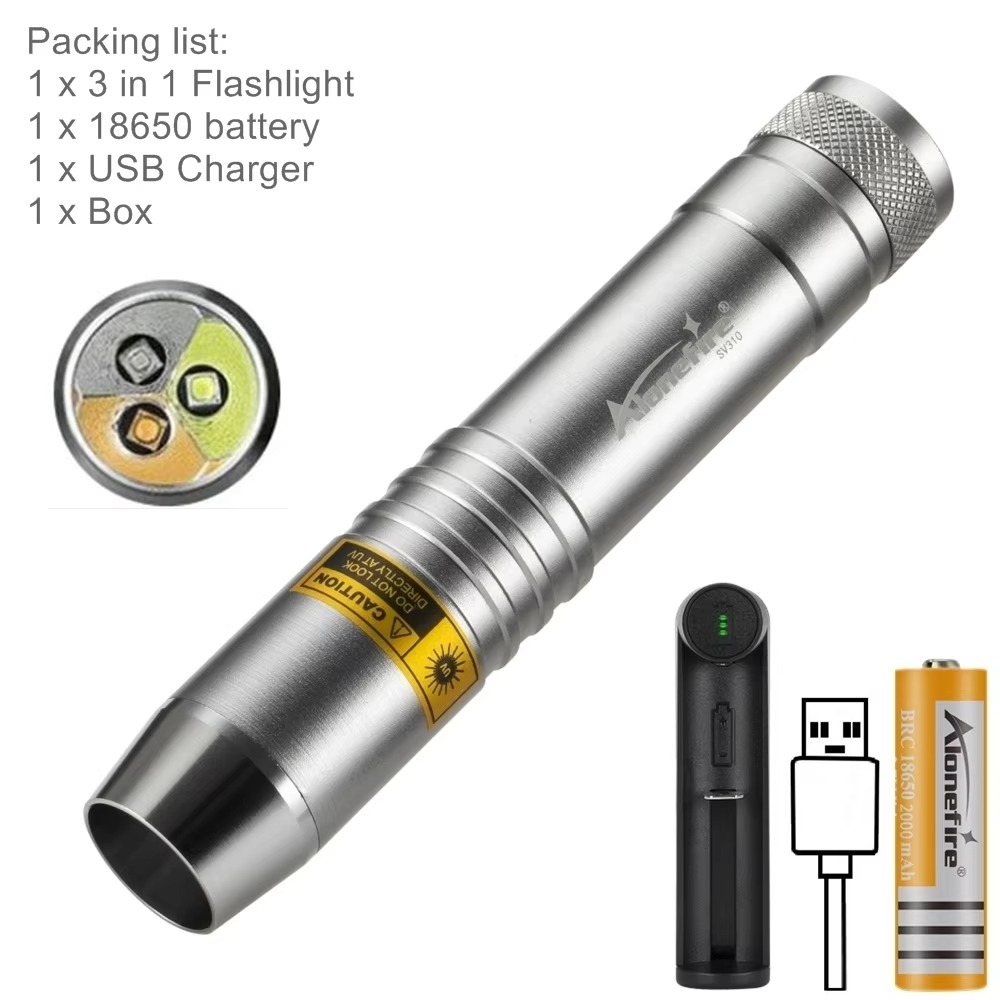 3-in-1 White Yellow 365nm UV LED Flashlight Jewelry Jade Stone Cat Dog Pet Stain Tinea Marker Ore Money Scorpion Detection Light