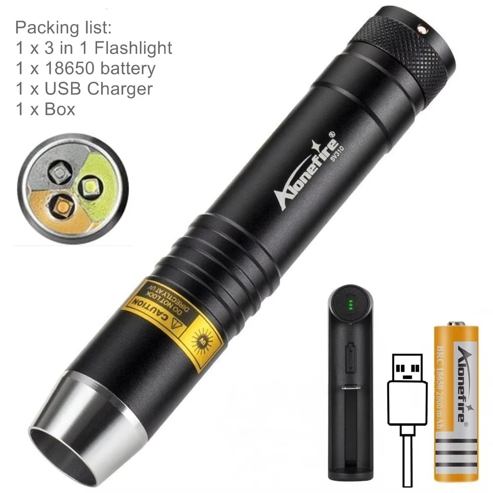 3-in-1 White Yellow 365nm UV LED Flashlight Jewelry Jade Stone Cat Dog Pet Stain Tinea Marker Ore Money Scorpion Detection Light