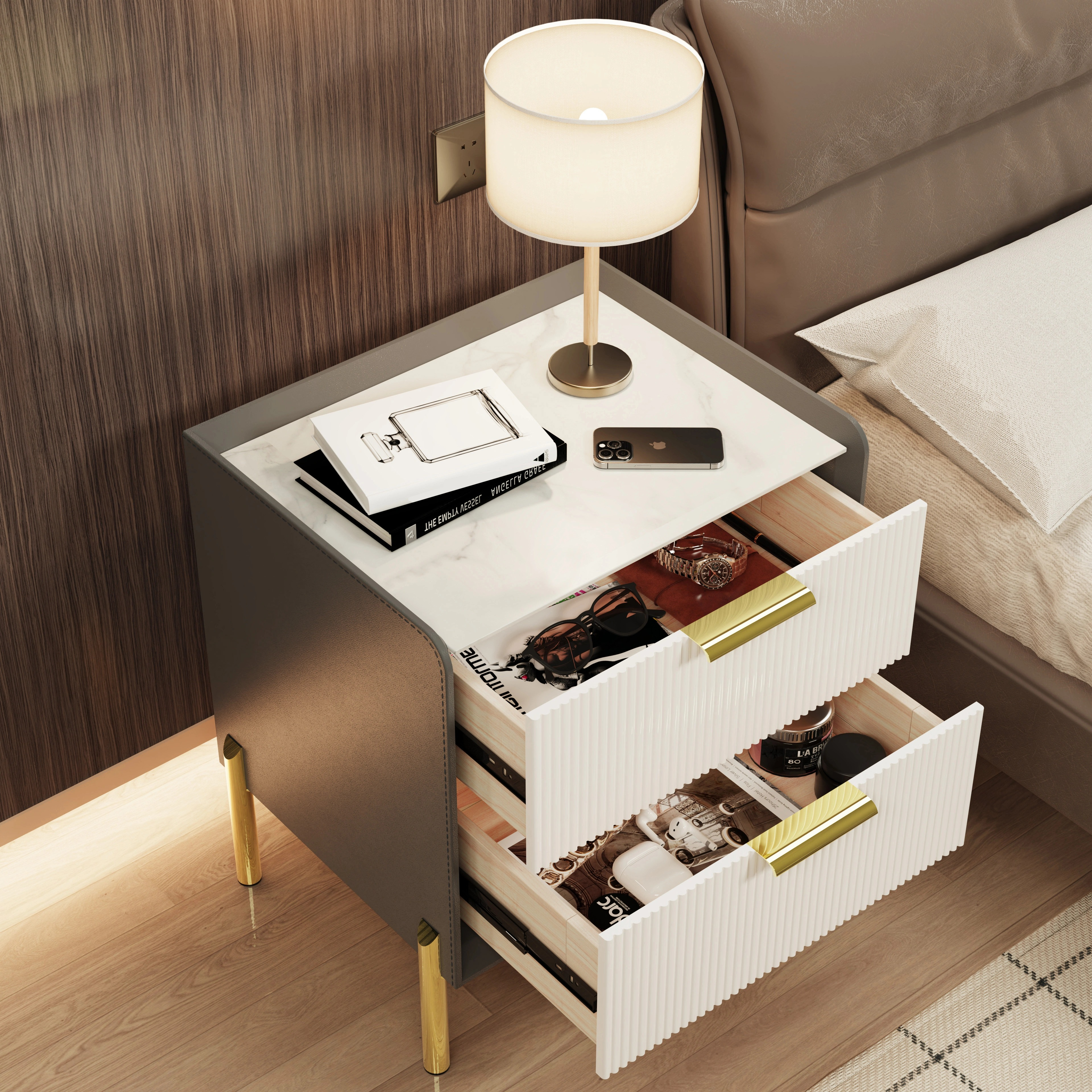 Marble Nightstand with 2 Drawers Storage, Gold Metal Leg, Bedside Table, Sofa End Side Table