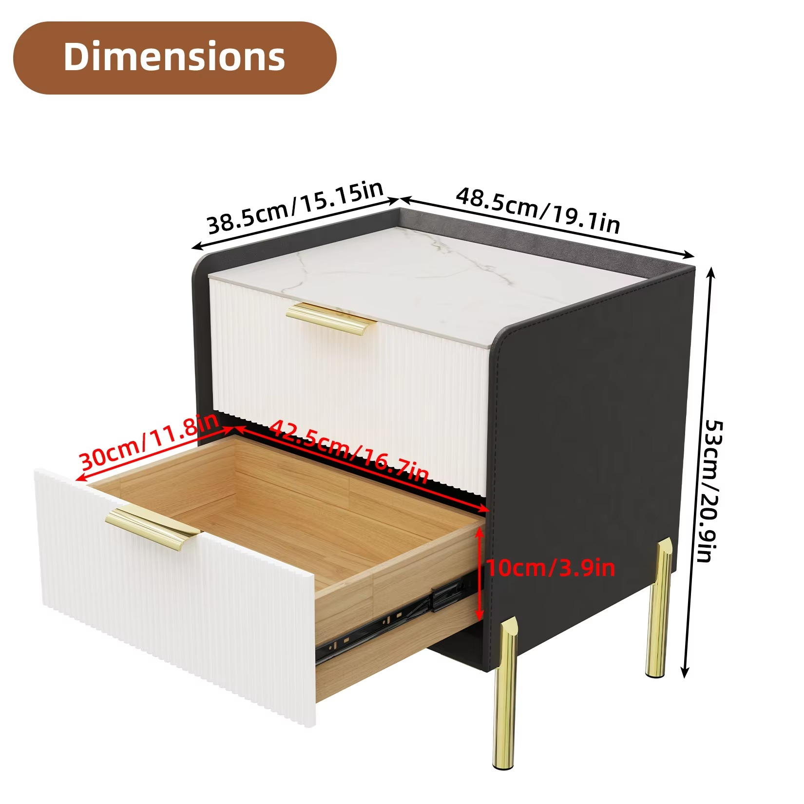 Marble Nightstand with 2 Drawers Storage, Gold Metal Leg, Bedside Table, Sofa End Side Table