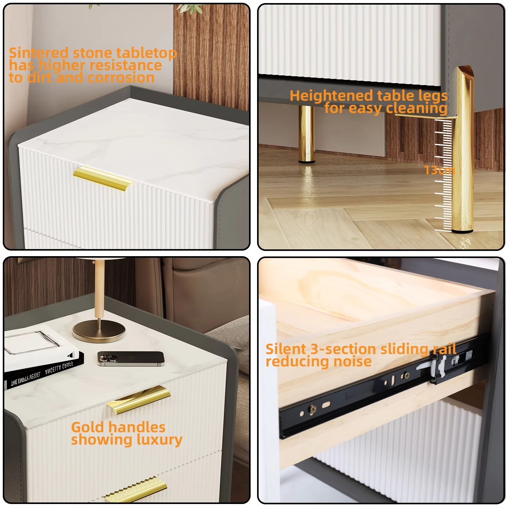 Marble Nightstand with 2 Drawers Storage, Gold Metal Leg, Bedside Table, Sofa End Side Table