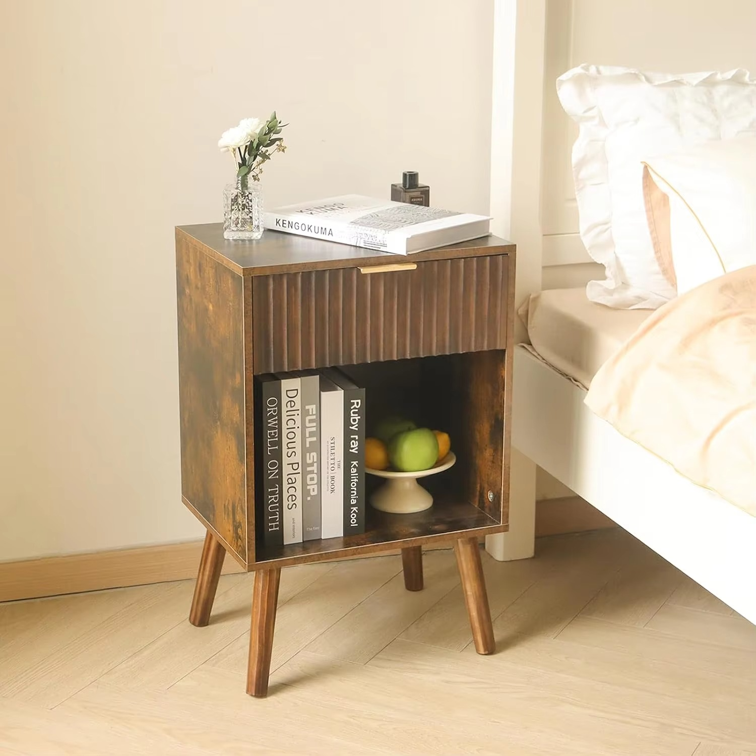 Mid Century Modern Nightstand, Wood Bedside Table with Drawer and Opening Storage, End Table Living Room Fluted Night Stand wit