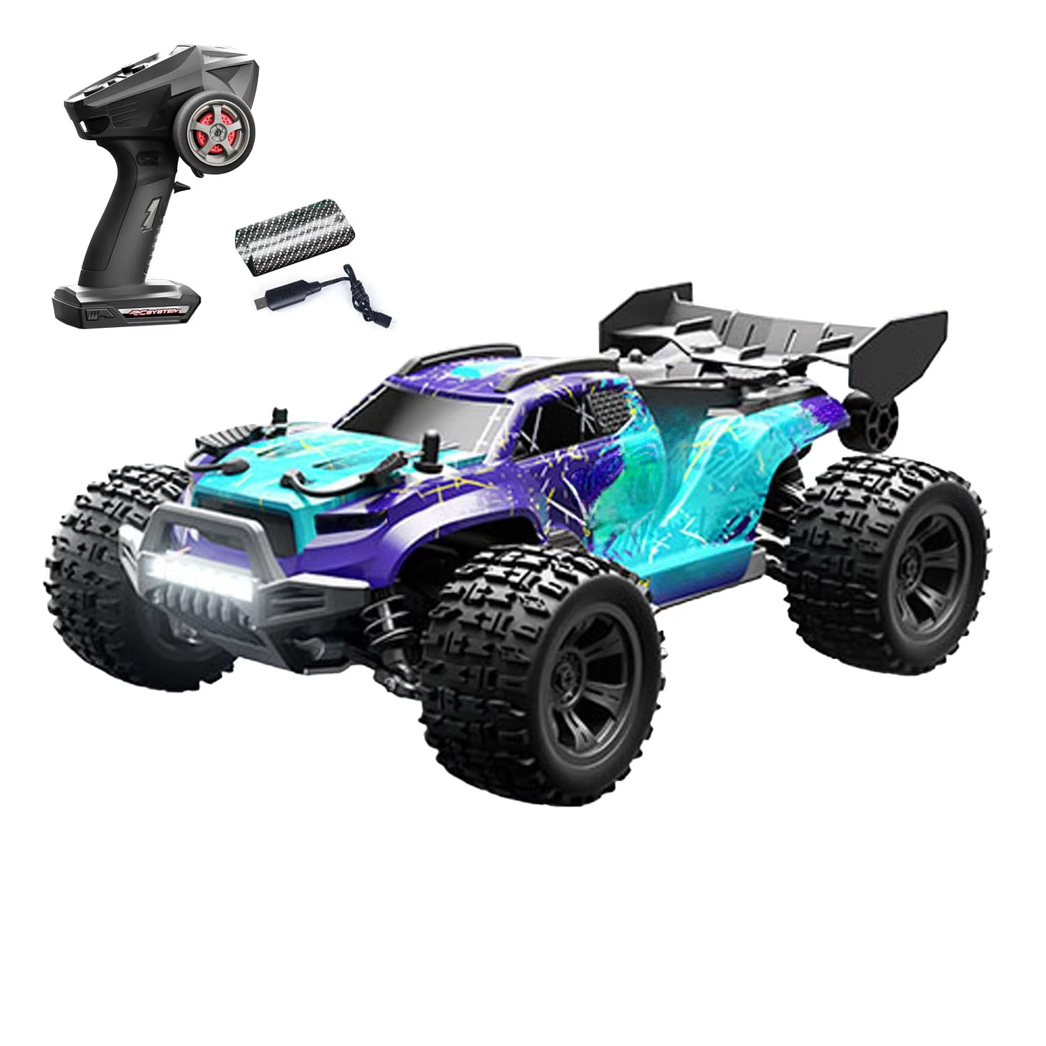 RC Monster Truck 1/18 SCY 18101 2.4GHz PVC Body Wheelie Bar LED Light Multi Terrain Off Road Car Vehicle Model for Boys Adults