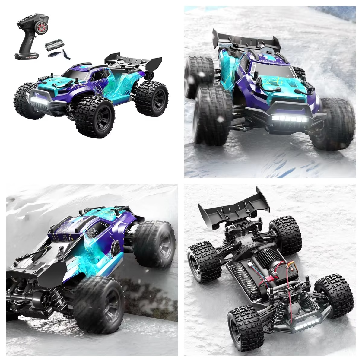 RC Monster Truck 1/18 SCY 18101 2.4GHz PVC Body Wheelie Bar LED Light Multi Terrain Off Road Car Vehicle Model for Boys Adults