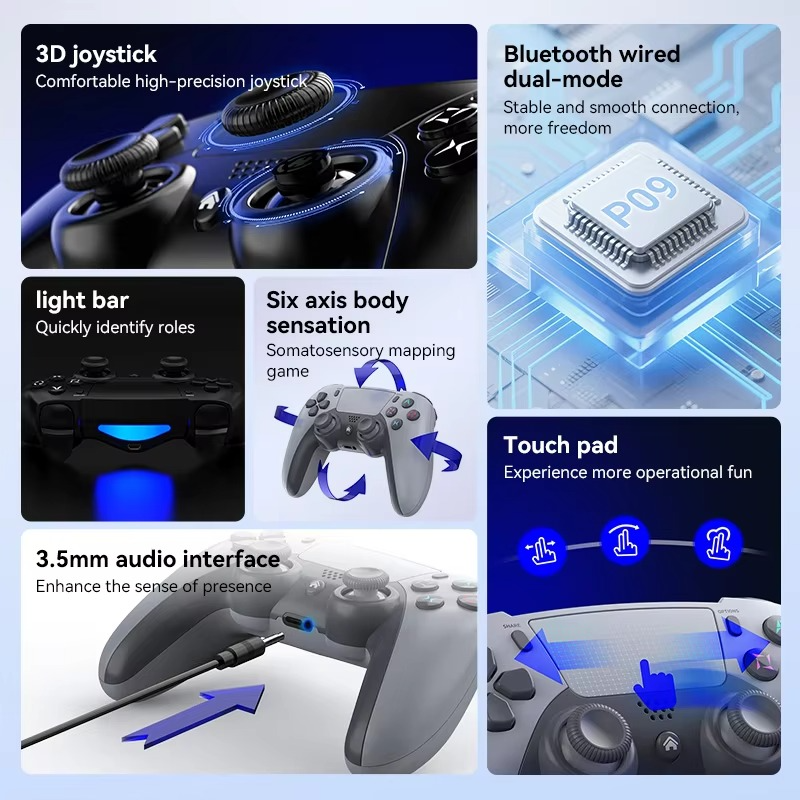 Game Controller for PS4 Bluetooth-Compatible Wireless Controller Gamepad for PC/Steam/IOS/Android Dual Vibration Joystick 6-axis