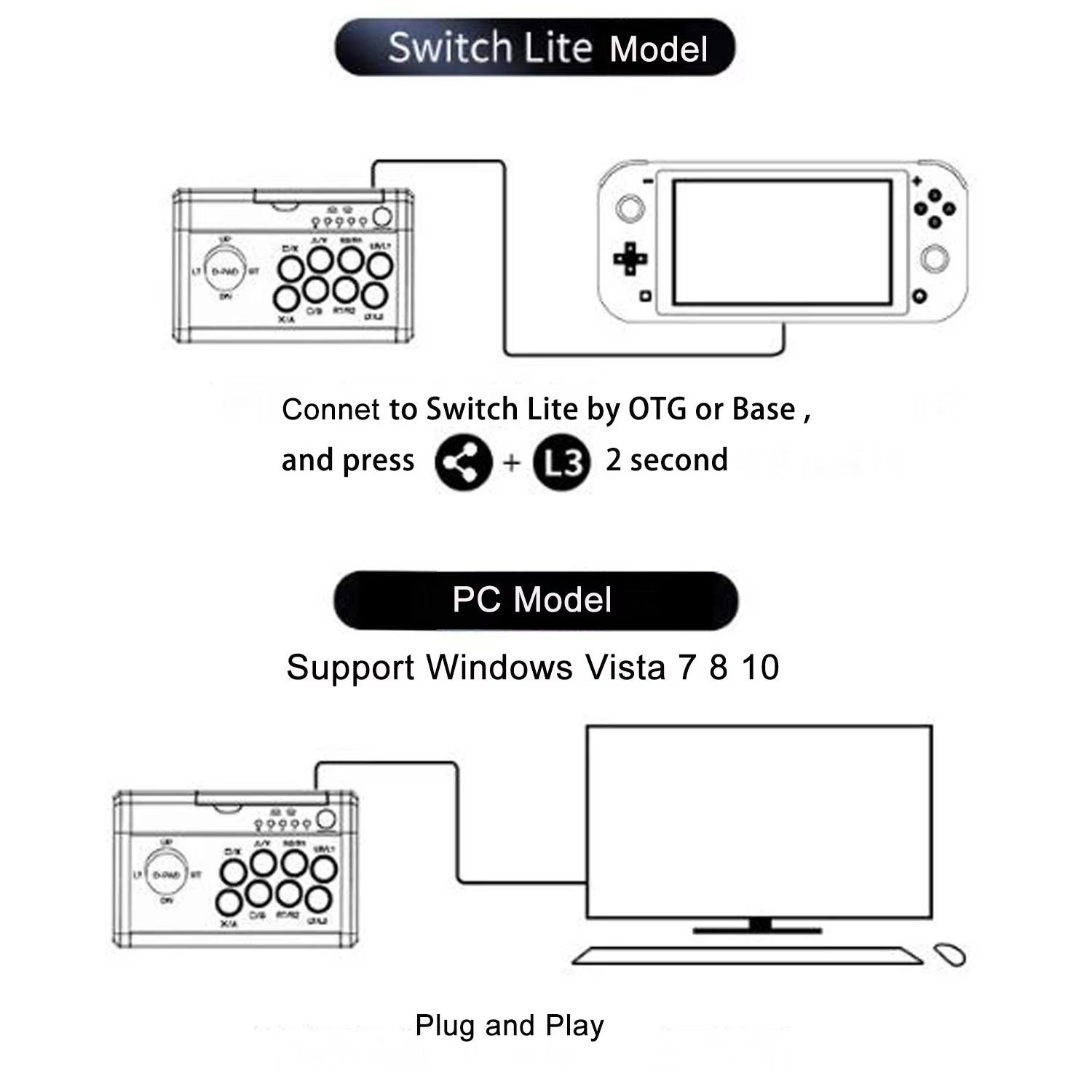 DOBE 7 In1 USB Arcade Fight Stick Street Fighting Joystick Controller for PS3 / PS4 / XBOX ONE / XOBX 360 / PC / Android /Switch