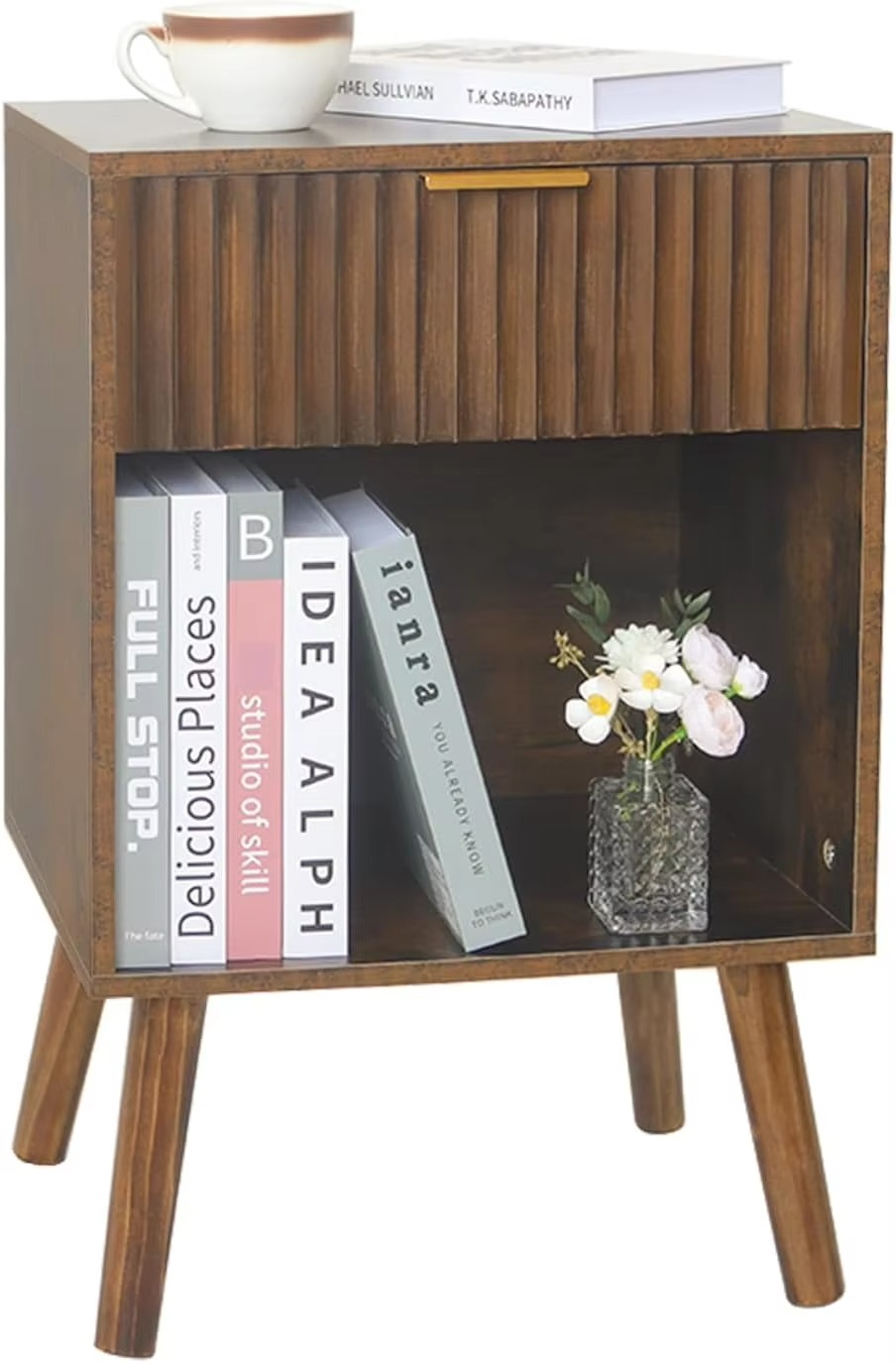 Mid Century Modern Nightstand, Wood Bedside Table with Drawer and Opening Storage, End Table Living Room Fluted Night Stand wit