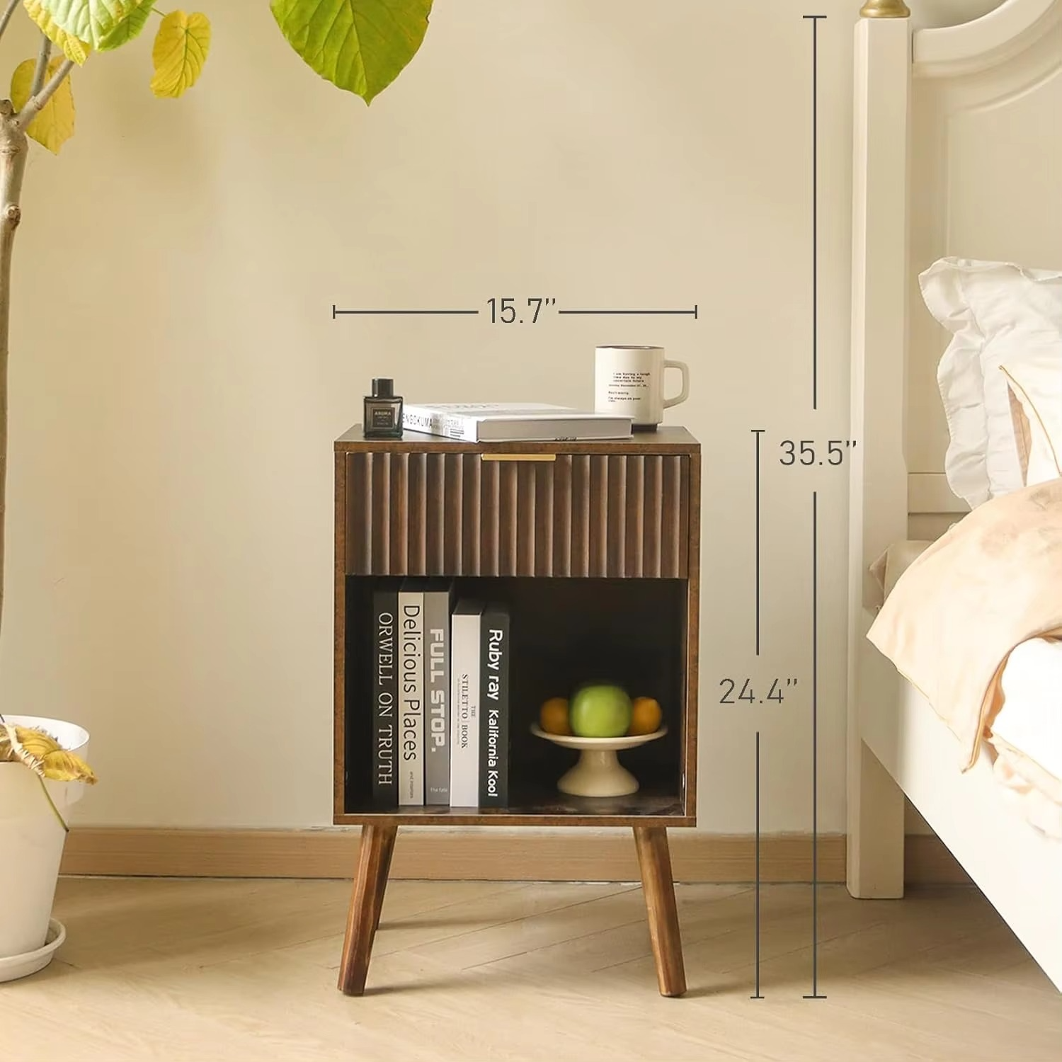 Mid Century Modern Nightstand, Wood Bedside Table with Drawer and Opening Storage, End Table Living Room Fluted Night Stand wit