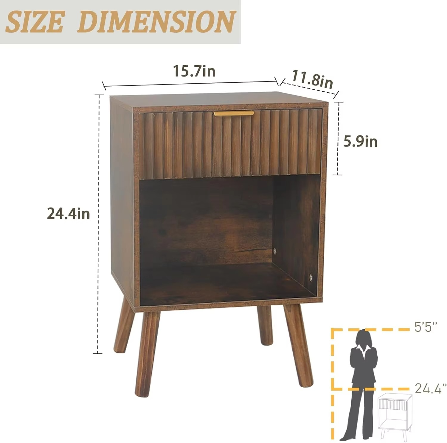 Mid Century Modern Nightstand, Wood Bedside Table with Drawer and Opening Storage, End Table Living Room Fluted Night Stand wit