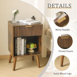 Mid Century Modern Nightstand, Wood Bedside Table with Drawer and Opening Storage, End Table Living Room Fluted Night Stand wit