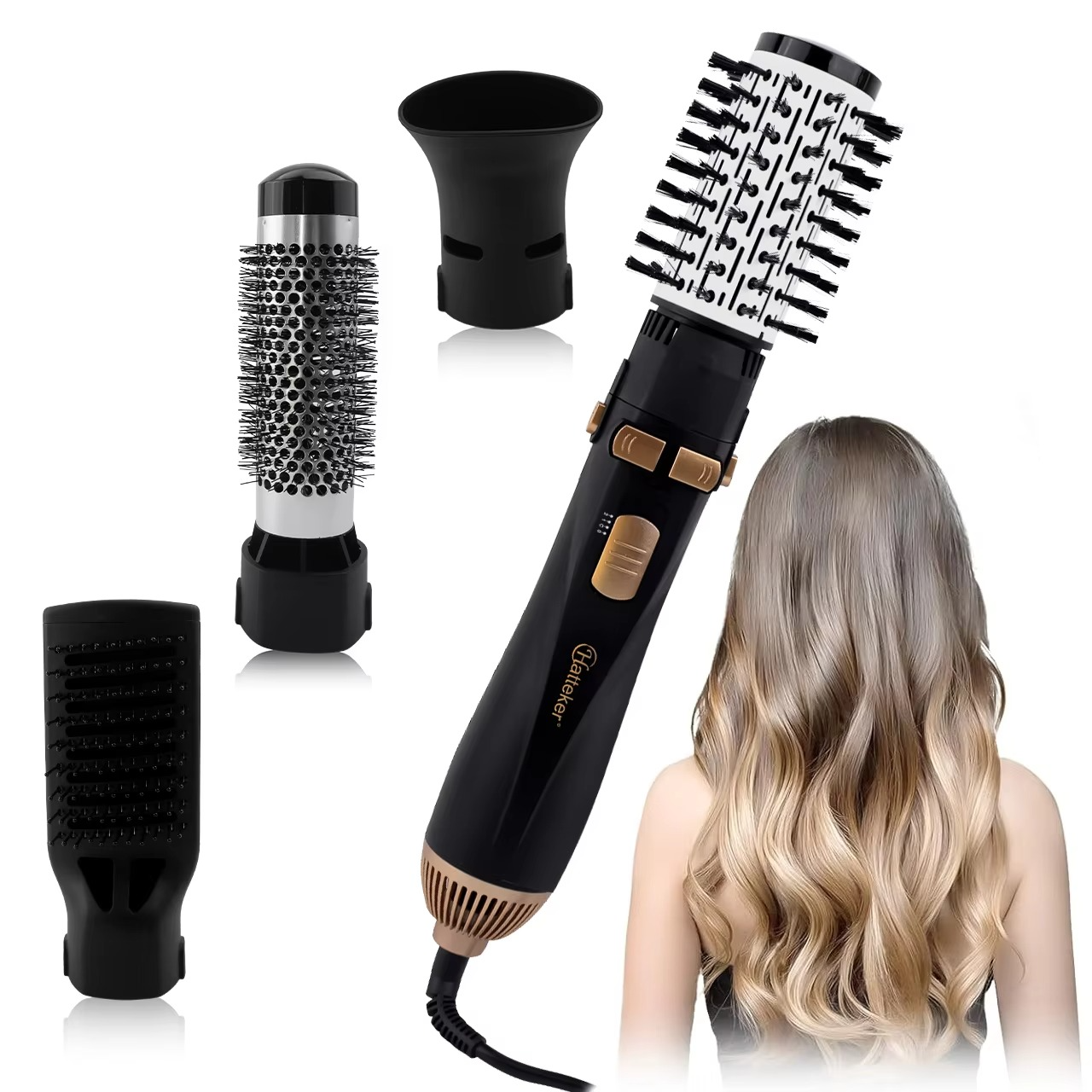 Hatteker EU 4-Head Hot Air Brush Hair Dryer Strong Wind Electric Straightener Curler Roller Comb Blower Styling Tool for Woman