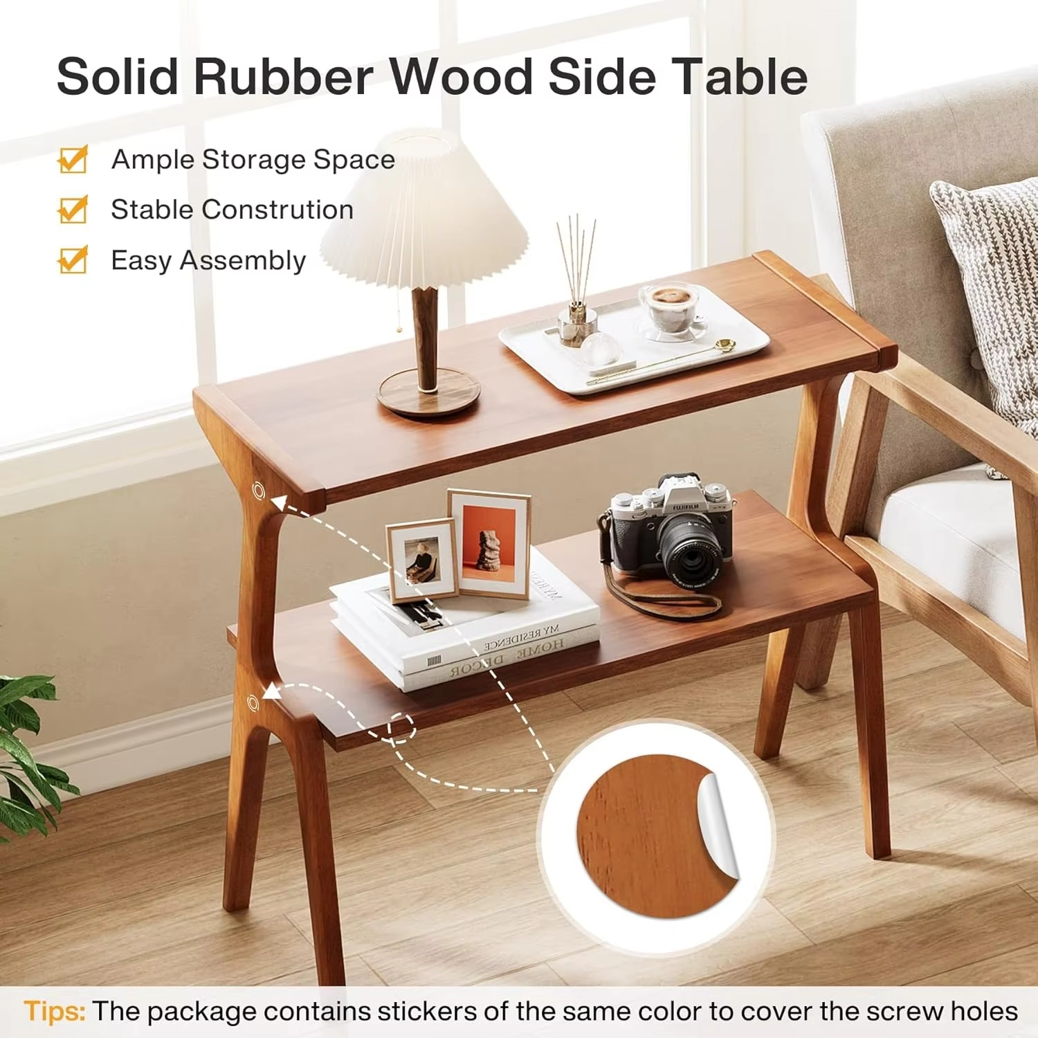Modern Narrow Side Table with Storage Shelves, 2-Tie Skinny Sofa Side Table for Living Room, Farmhouse Tall Bedside Table, Nigh