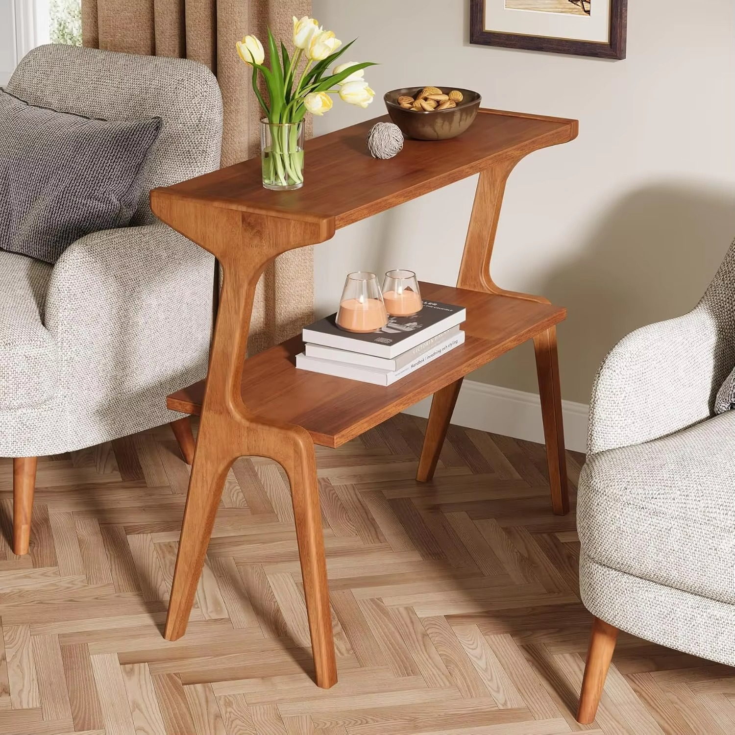 Modern Narrow Side Table with Storage Shelves, 2-Tie Skinny Sofa Side Table for Living Room, Farmhouse Tall Bedside Table, Nigh