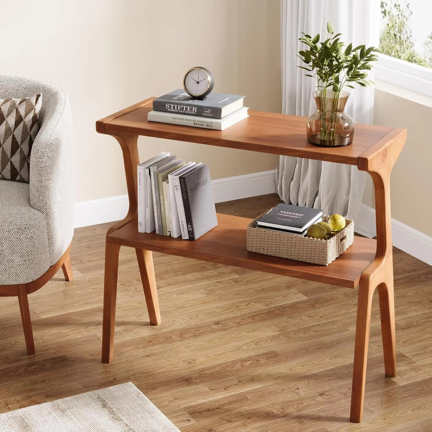 Modern Narrow Side Table with Storage Shelves, 2-Tie Skinny Sofa Side Table for Living Room, Farmhouse Tall Bedside Table, Nigh