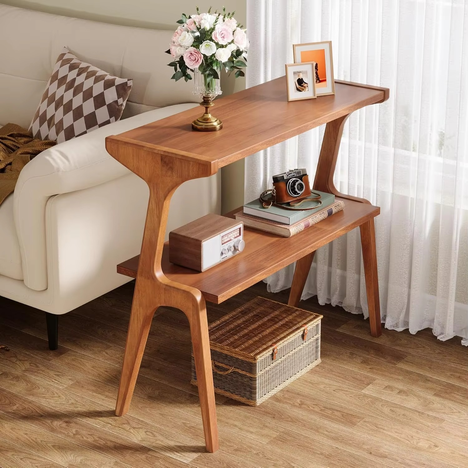 Modern Narrow Side Table with Storage Shelves, 2-Tie Skinny Sofa Side Table for Living Room, Farmhouse Tall Bedside Table, Nigh