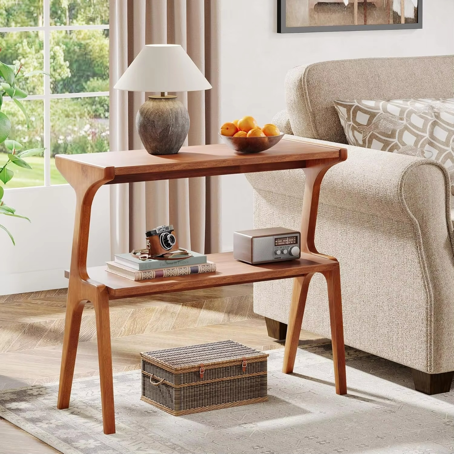 Modern Narrow Side Table with Storage Shelves, 2-Tie Skinny Sofa Side Table for Living Room, Farmhouse Tall Bedside Table, Nigh