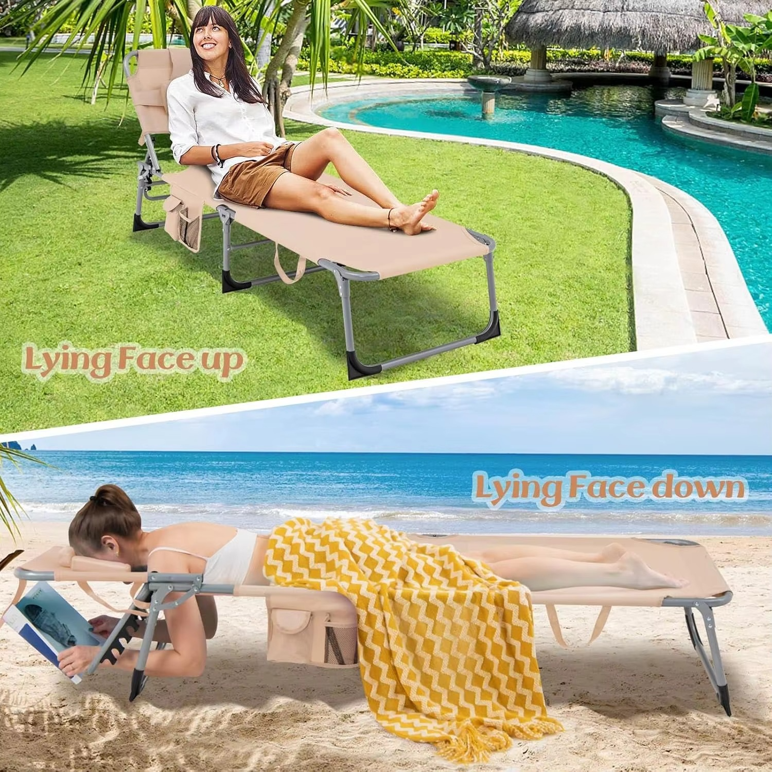 Beach Chaise Lounge Chair, Patio Folding Reclining Chair, Portable & Lightweight Camping Bed or Cot w/ 5 Adjustable Positions, D