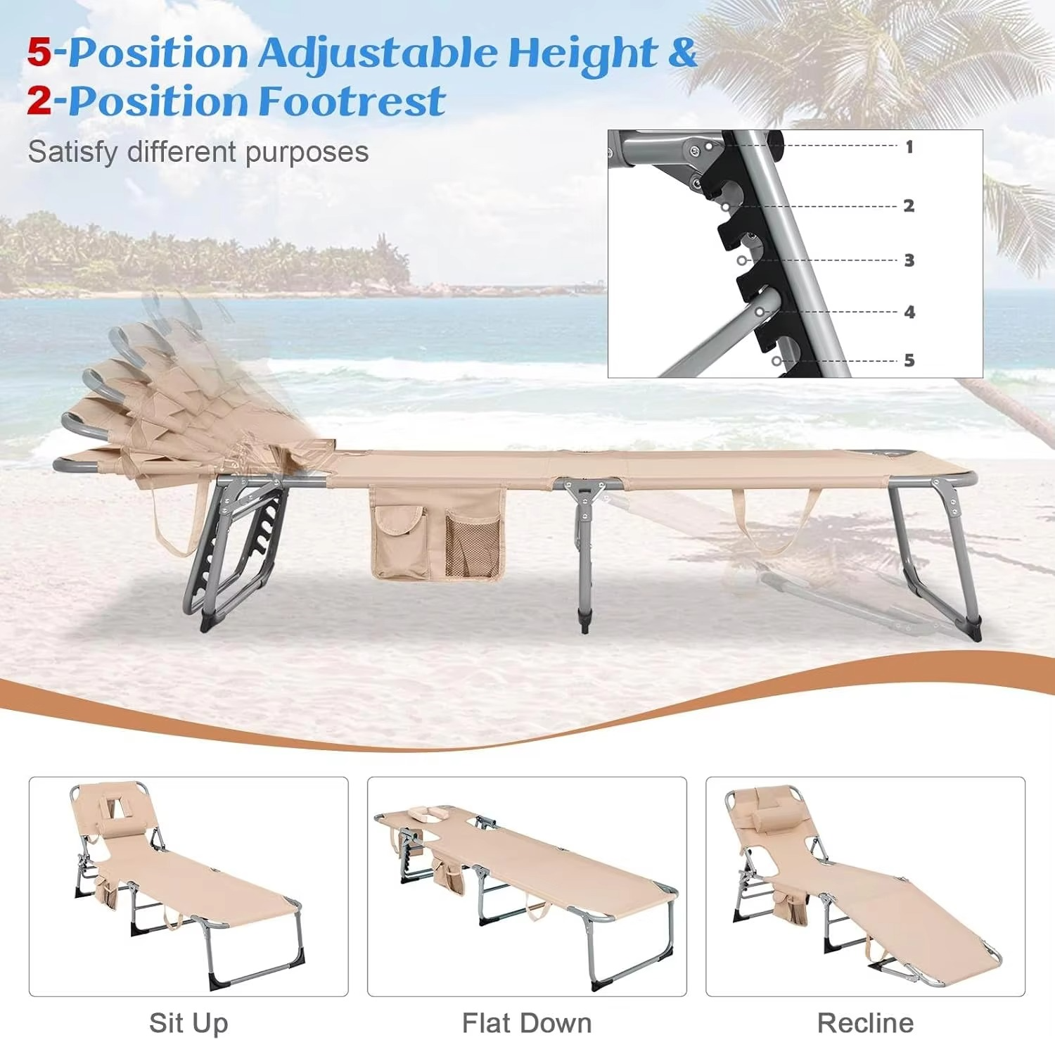 Beach Chaise Lounge Chair, Patio Folding Reclining Chair, Portable & Lightweight Camping Bed or Cot w/ 5 Adjustable Positions, D