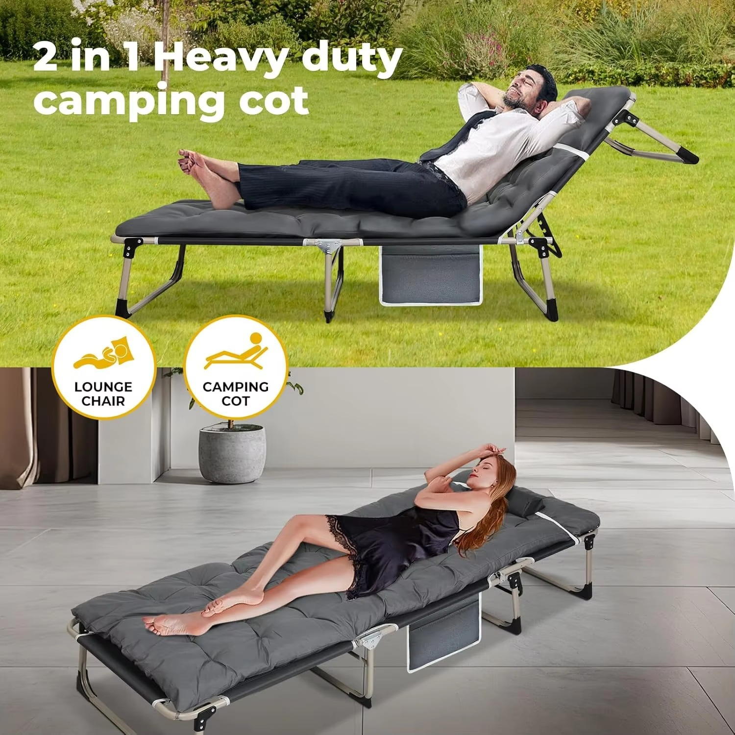 Folding Camping Cot W/Mat for Adults,Heavy Duty Outdoor Camping Bed Travel Camp Cots Camping Loungers,5-Position Adjustable Bac