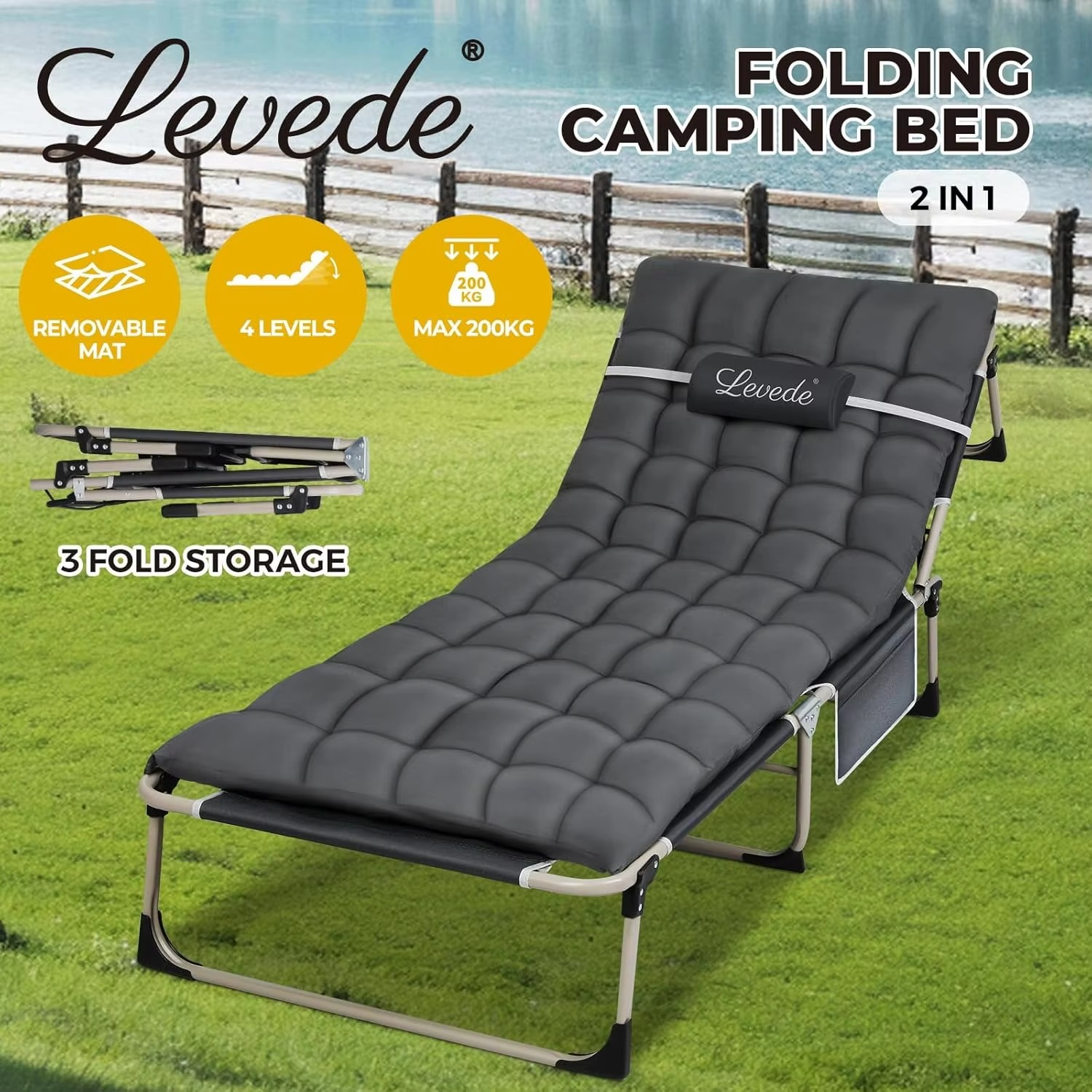 Folding Camping Cot W/Mat for Adults,Heavy Duty Outdoor Camping Bed Travel Camp Cots Camping Loungers,5-Position Adjustable Bac