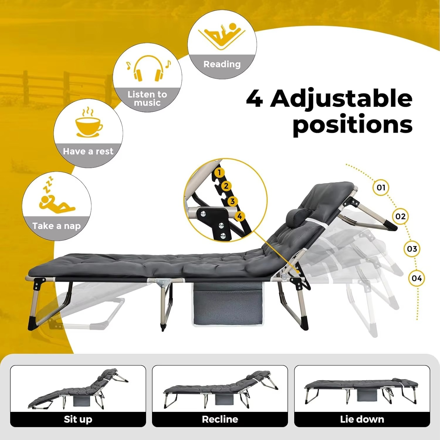 Folding Camping Cot W/Mat for Adults,Heavy Duty Outdoor Camping Bed Travel Camp Cots Camping Loungers,5-Position Adjustable Bac