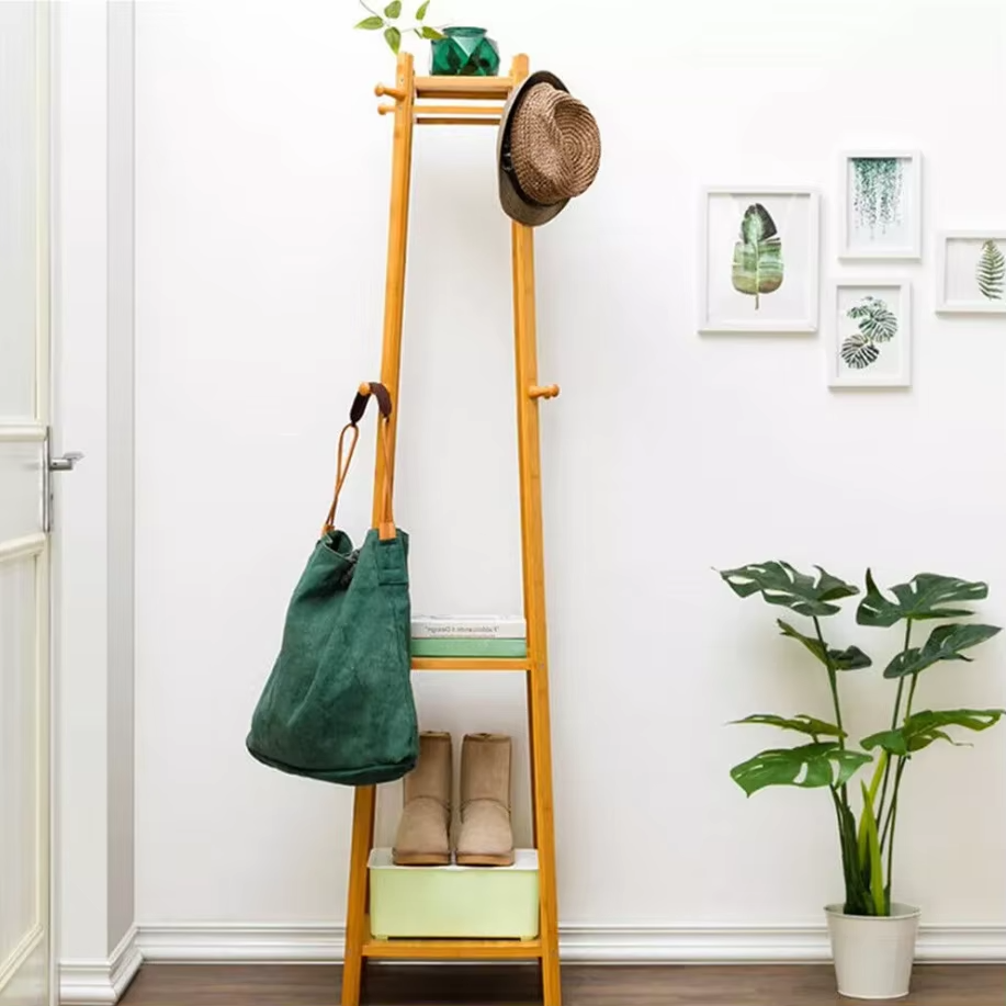 Bamboo Standing Hat Coat Rack Garment Stand Hall Tree 2 tier Storage Shelf