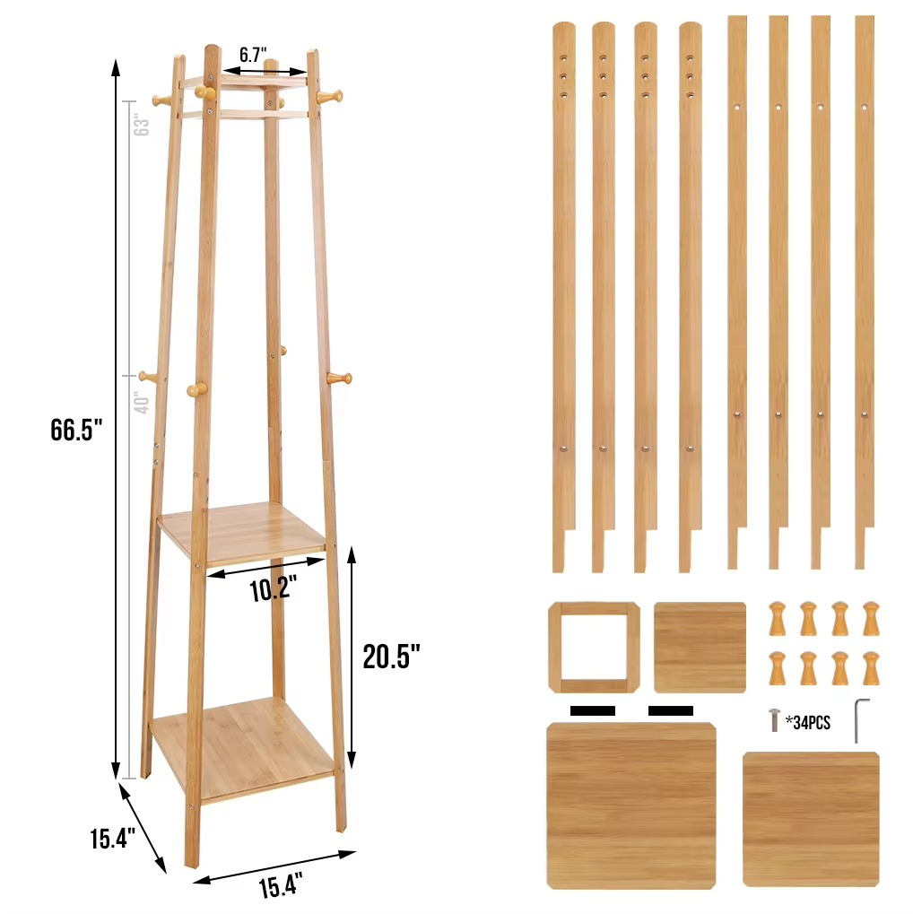 Bamboo Standing Hat Coat Rack Garment Stand Hall Tree 2 tier Storage Shelf