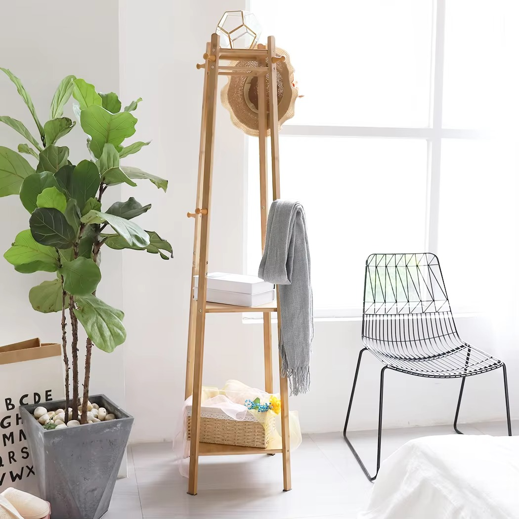 Bamboo Standing Hat Coat Rack Garment Stand Hall Tree 2 tier Storage Shelf