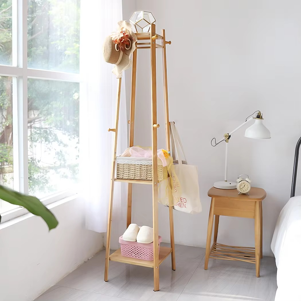 Bamboo Standing Hat Coat Rack Garment Stand Hall Tree 2 tier Storage Shelf