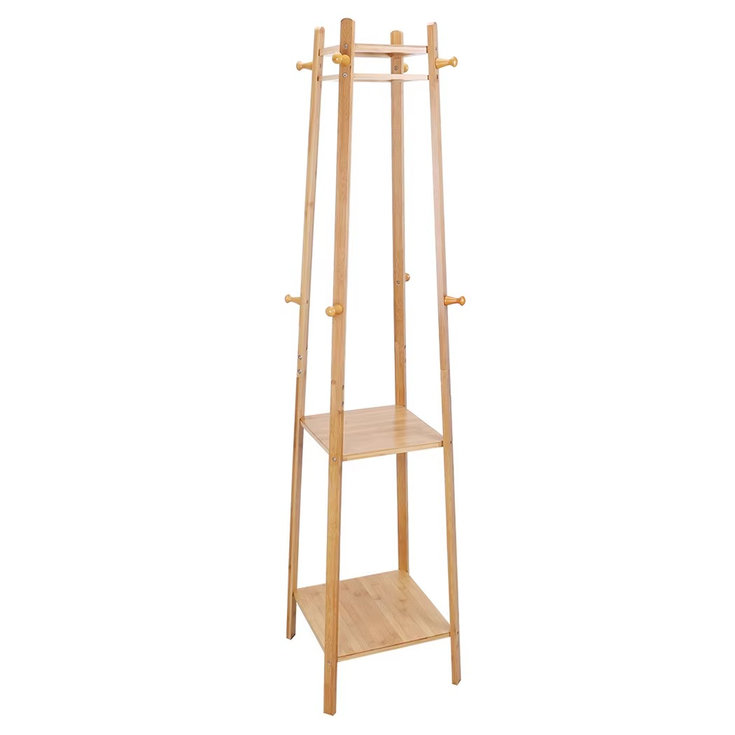 Bamboo Standing Hat Coat Rack Garment Stand Hall Tree 2 tier Storage Shelf