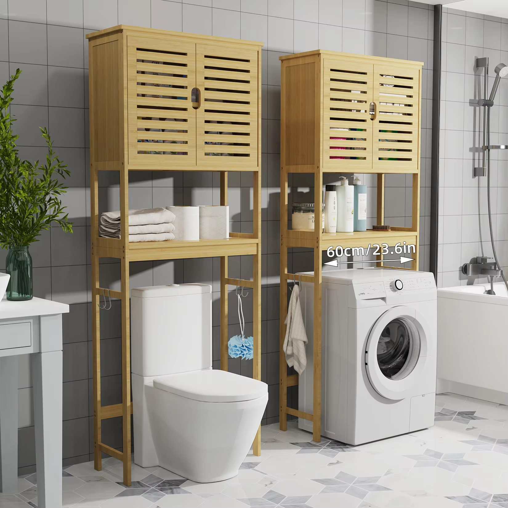 Over-the-Toilet Bathroom Storage Cabinet Bamboo Washing Machine Organizer Rack Free Standing