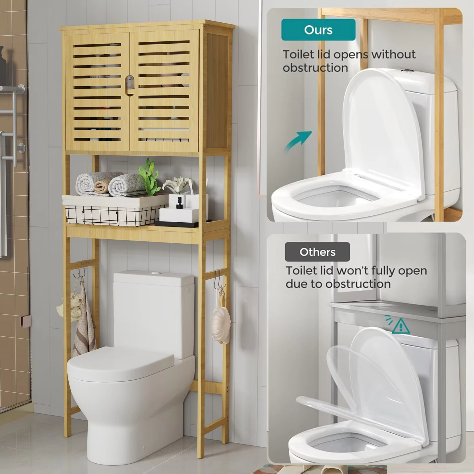 Over-the-Toilet Bathroom Storage Cabinet Bamboo Washing Machine Organizer Rack Free Standing