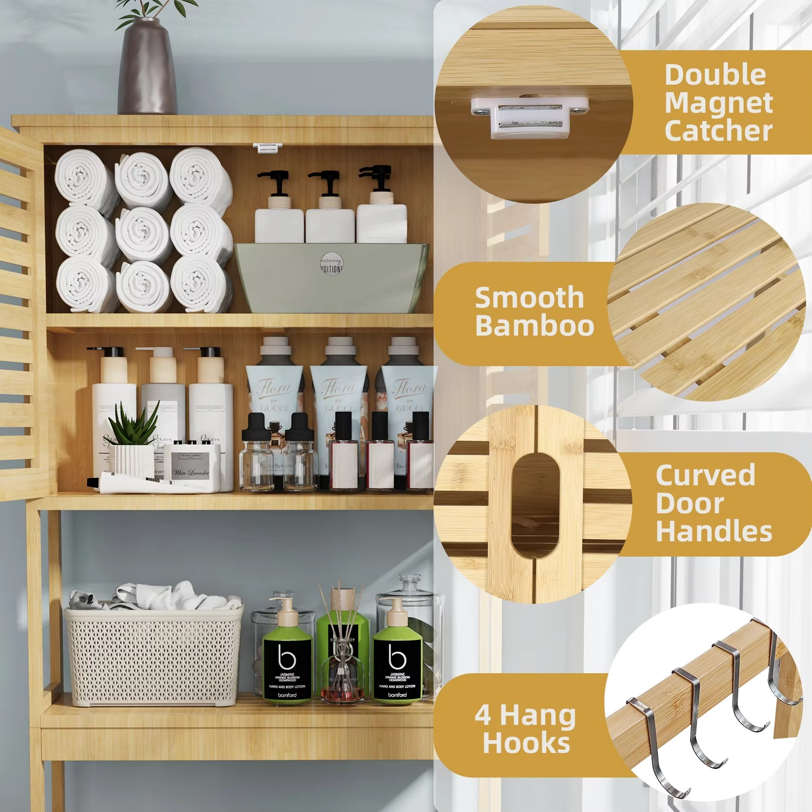 Over-the-Toilet Bathroom Storage Cabinet Bamboo Washing Machine Organizer Rack Free Standing