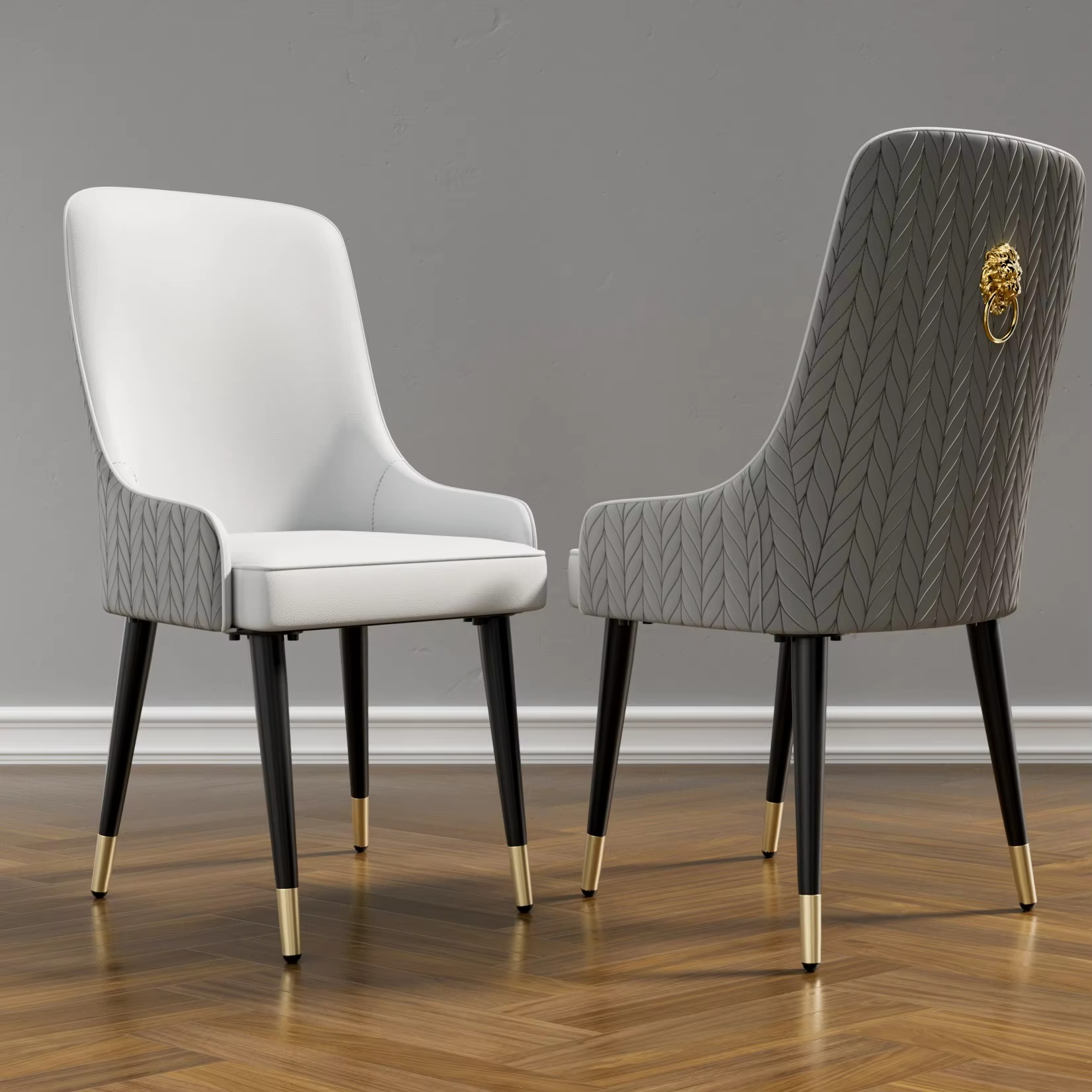 Modern PU Leather Set of 2 Dining Chairs with Metal Legs High Tufted Back Lion Head Pull Ring