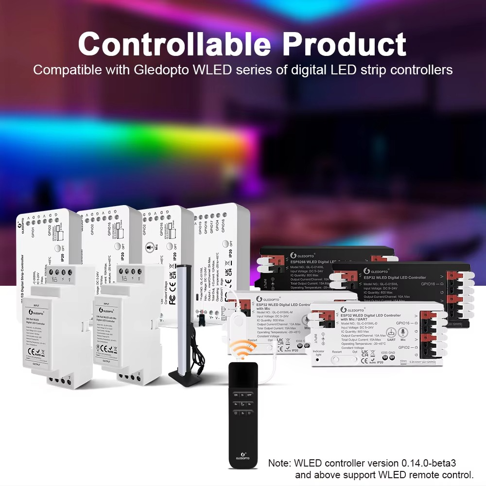 GLEDOPTO WLED Remote Control RGB IC LED ESP NOW APP WiFi Wireless Brightness Adjust 4 Scenes Preset Night Light 50M Distance
