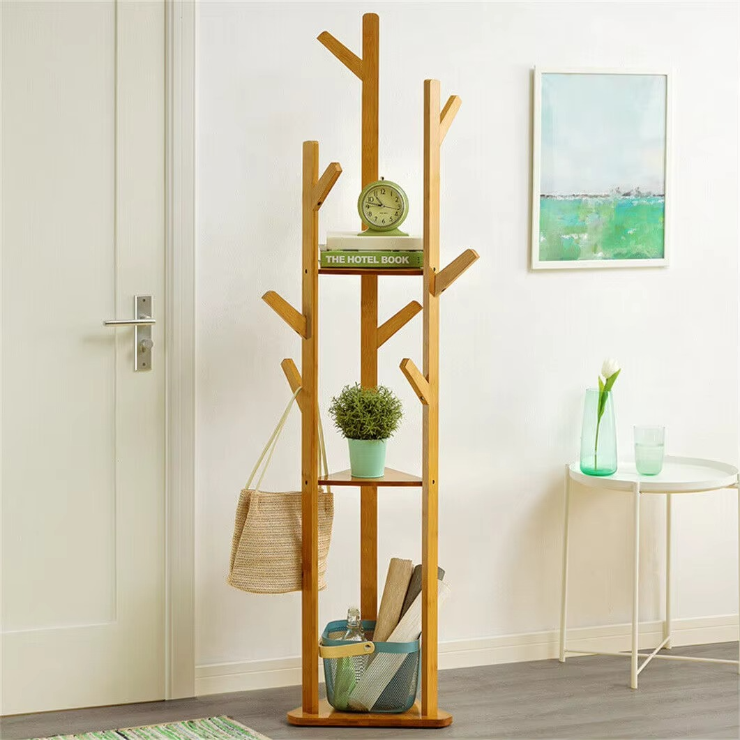 Bamboo Corner Tree Coat Rack Stand Clothes Hanger with Hooks and Shelves