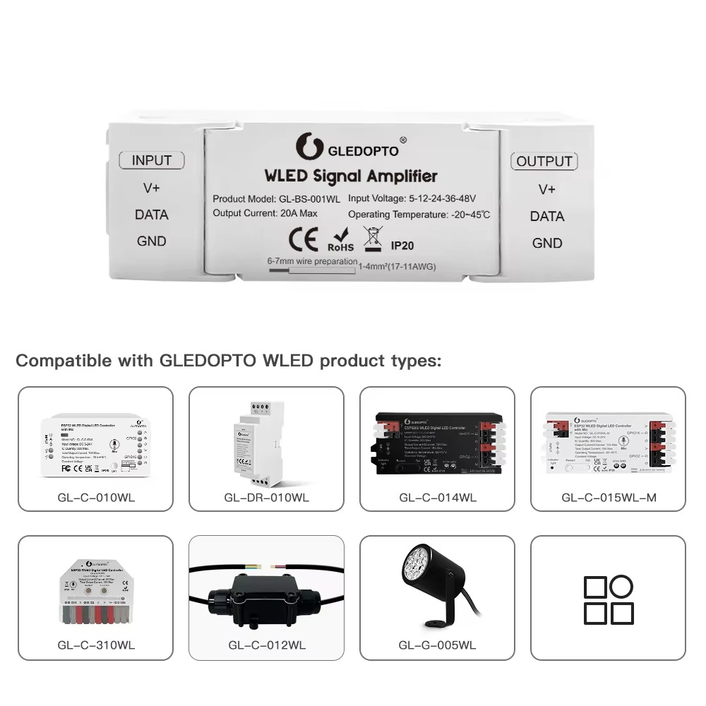 GLEDOPTO WLED Signal Amplifier Booster 10m Extension No Flicker Signal Wire Enhancer for WS2811 WS2812 SK6812 Digital Controller