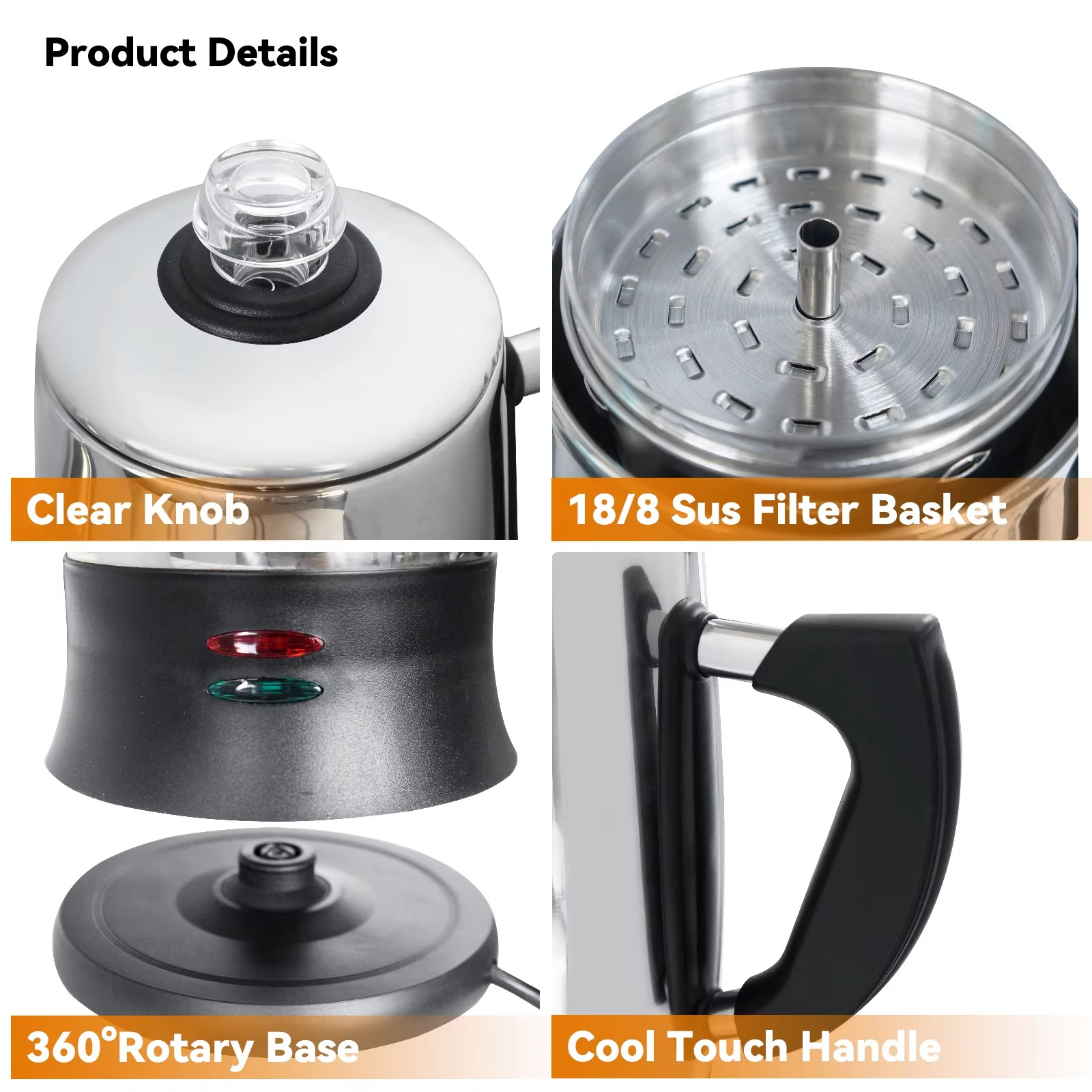 Coffee Percolator Pot Electric Stainless Steel Geyser Coffee Maker 12 Cups Drip Kettle Espresso Machine Home Cafe Kitchen Tools