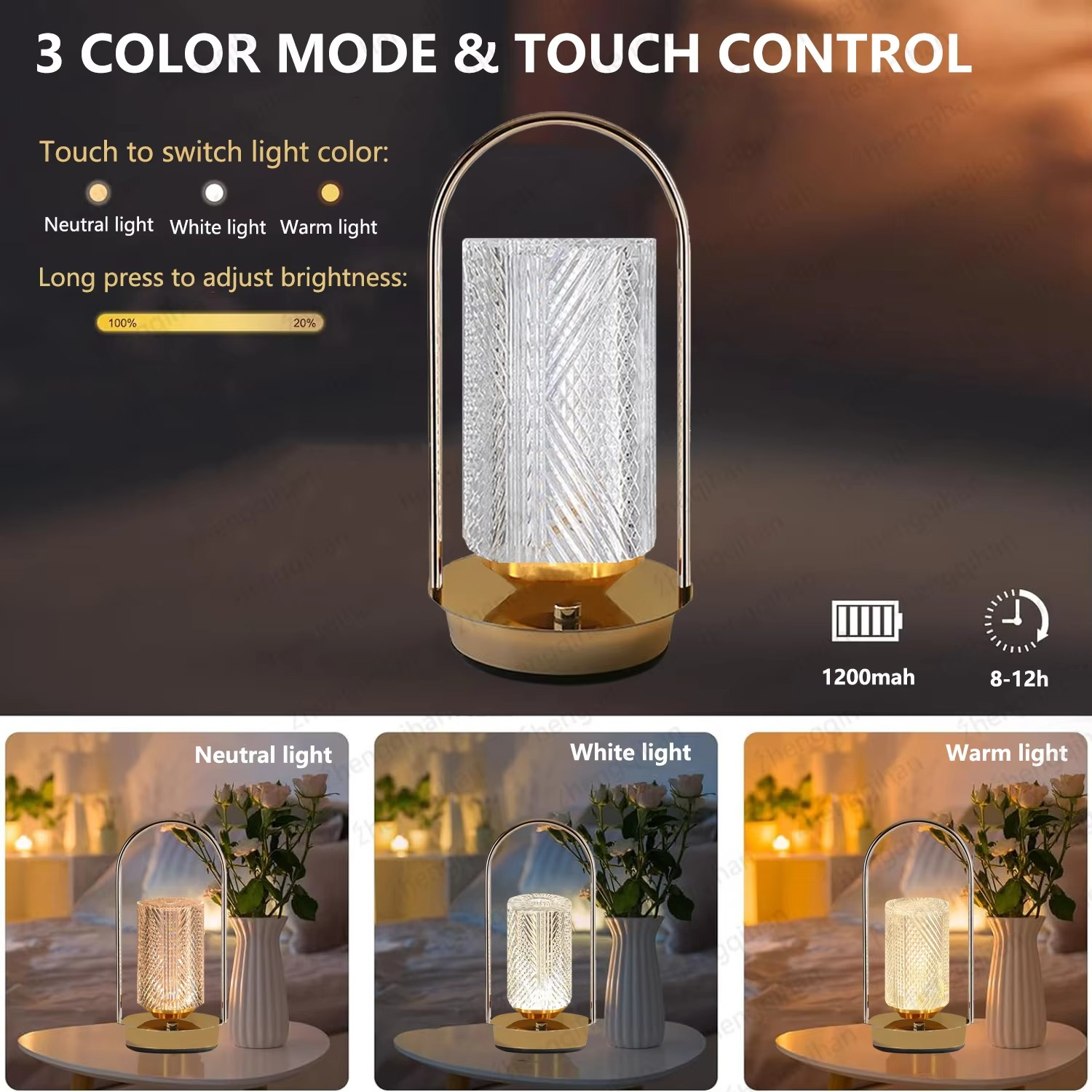 Wireless Table Lamp Rechargeable Portable Bedroom Bedside Touch Crystal Desk Lamp Night Light LED Decor Lights for Bar Coffee