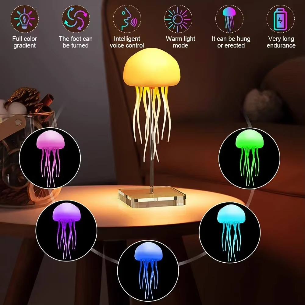 Jellyfish Cartoon Night Light RGB Gradient Cute Bedside Lamp Voice Control Table Lamps Child Room Decoration LED Lights